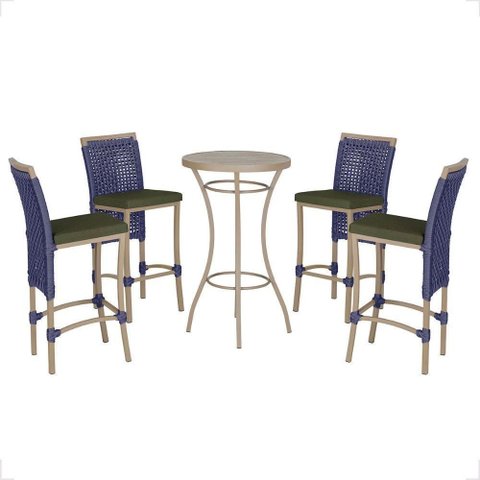 Mesa Bistro e 4 Banquetas Roma Fendi Corda Náutica 13 Trama Azul