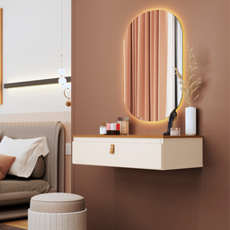 Penteadeira Suspensa Diana com 1 Gaveta e Puxador em Couro - Off White com Nature - 1