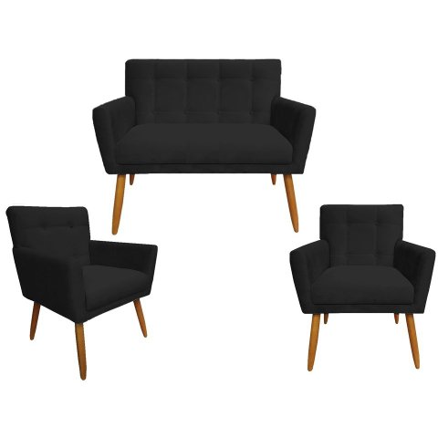 Kit Namoradeira + 2 Poltronas Decorativa Onix Suede Preto Pés Madeira Ms Decor