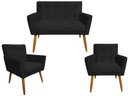Ver imagem 1 de Kit Namoradeira + 2 Poltronas Decorativa Onix Suede Preto Pés Madeira Ms Decor