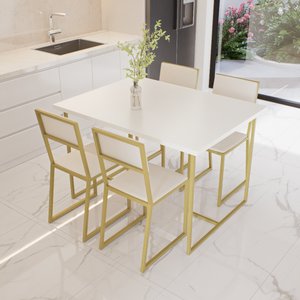 Conjunto Mesa de Jantar Retangular Branca 4 Cadeiras Estofado Riviera Industrial Dourado Don Castro 