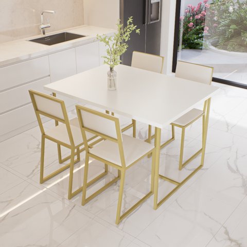 Conjunto Mesa de Jantar Retangular Branca 4 Cadeiras Estofado Riviera Industrial Dourado Don Castro 