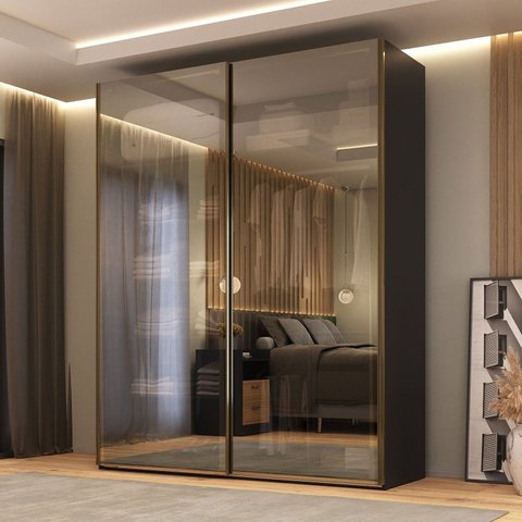 Guarda-Roupa Casal 1,84m Portas de Correr Vidro Reflecta com LED e Gavetas 100% MDF Veneto Preto