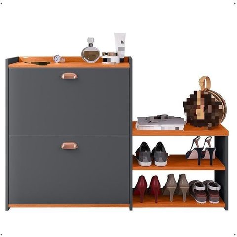 Sapateira Milano Cinza/Cinmomo, Decoração para Sala Quarto, com Gaveta e Prateleira, Hall de Entrada