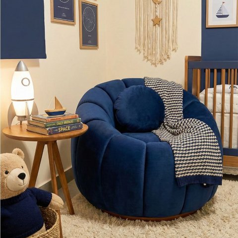 Poltrona Decorativa Concha c/Almofada Veludo Azul Marinho - Vimont Moveis