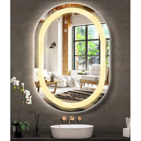 Espelho Jateado Oval Iluminado com Led Quente - 70x100cm