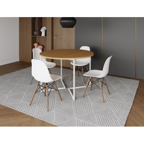Mesa Industrial Base Ferro Branco em V Tampo 110cm Canela 4 Cadeiras Eames Madeira Assento Branco