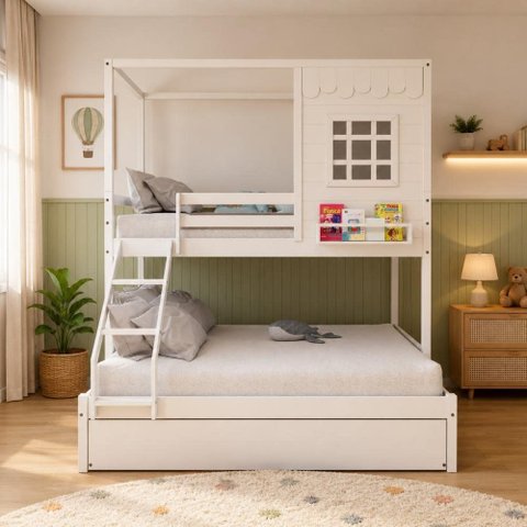 Treliche Infantil Casinha Reta Casal/ Solteiro Madeira Maciça Branco Megamobilia