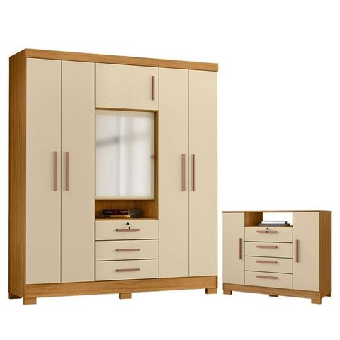 Cômoda Madri e Guarda Roupa Casal Imperial Carvalho Americano Off White - Incorplac