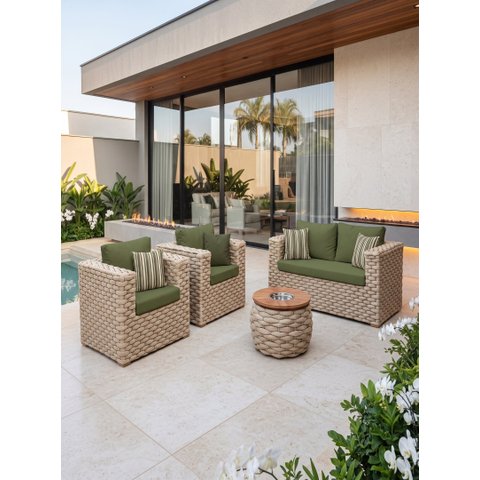 Conjunto Jardim Sofá 4 Peças Corda Tricô Náutico Boho Poltrona Palha