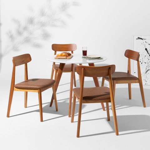 Conjunto Mesa de Jantar Square Redonda Branca - 88cm + 4 Cadeiras Nord Encosto Madeira Assento PU - 