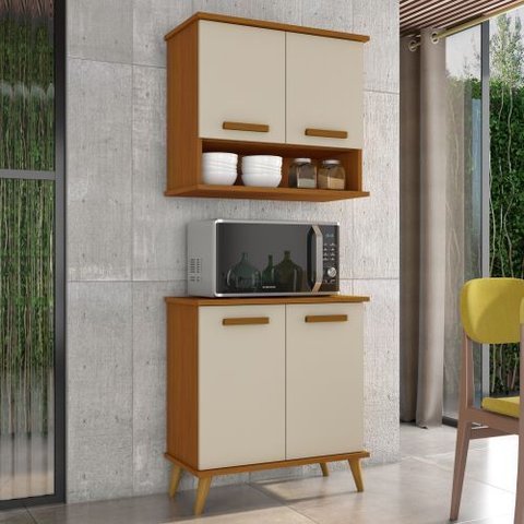 Conjunto Mavi para Organização 2 Peças – Balcão Multiuso com 2 Portas + 1 Armário Aéreo com 2 Portas