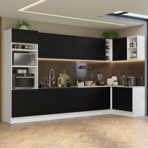 Armário de Cozinha Planejada de Canto 499cm Branco/Preto Agata Madesa 01