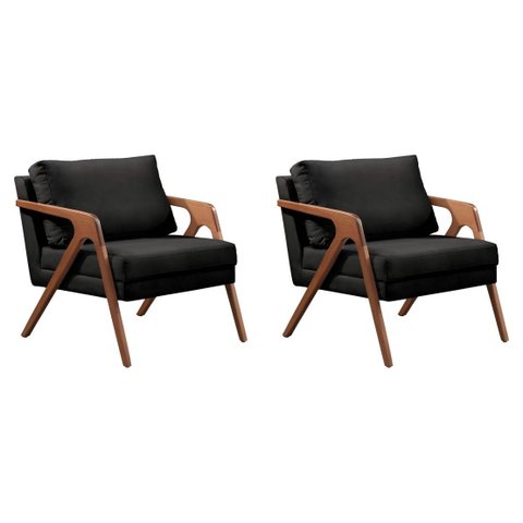Kit 02 Poltronas Decorativa Mona Luxo Base de Madeira Maciça Sala Recepção Veludo Preto Eli Móveis e