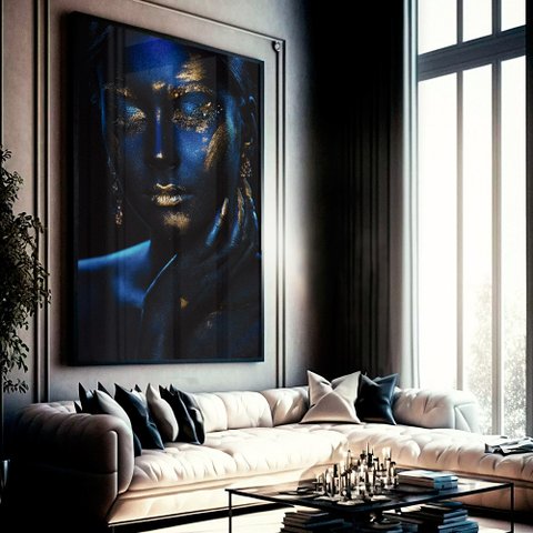 Quadro Decorativo Mulher Azul em Moldura Caixa Tacolado Moldura Trad 1cm Madeira Escura com Vidro 20