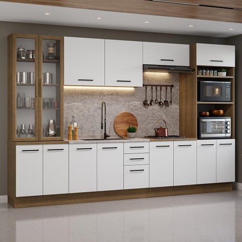 Armário de Cozinha Completa 340cm Rustic/branco Agata Madesa 01 Rustic/branco