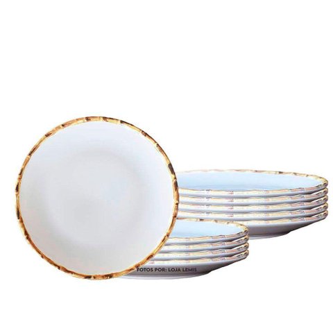 Jogo 10 Pratos Rasos de Cerâmica 27cm Borda de Bambu 1ª Linha Scalla