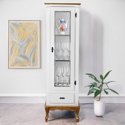 Cristaleira Madeira 1 Porta Gaveta e Espelho com Pés Luiz Xv - Branco com Tampo e Base Imbuia Glazer