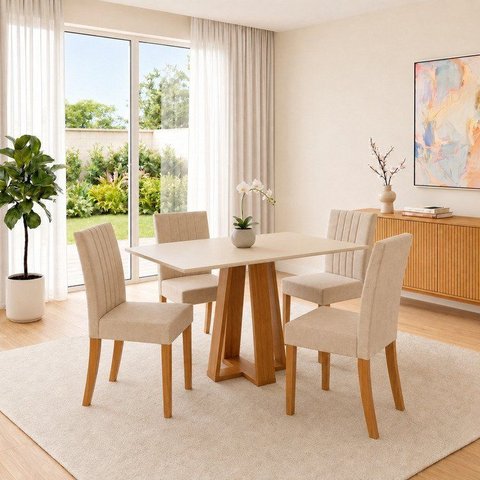 Conjunto Sala de Jantar Mesa Lisa 120cm Tampo MDF Canto Reto 4 Cadeiras Lily