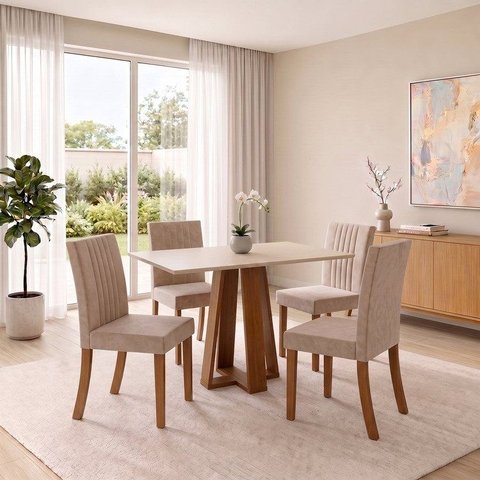 Conjunto Sala de Jantar Mesa Lisa 120cm Tampo MDF Canto Reto 4 Cadeiras Lily