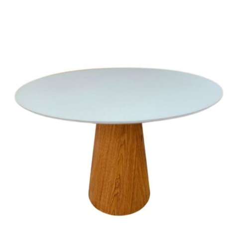 Mesa de Jantar Redonda Cone 90 Cm Tampo Laca Branca Base Freijó Cor Marrom
