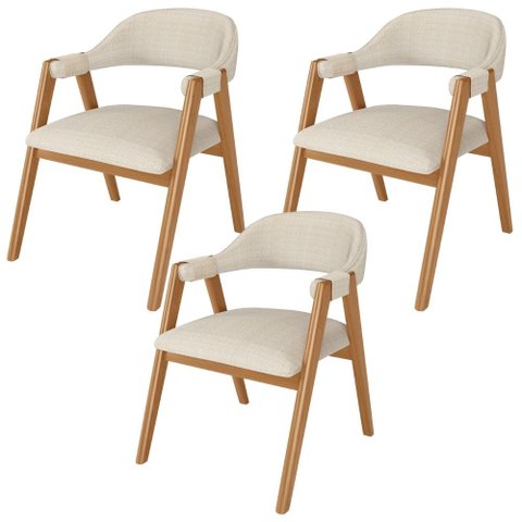 Kit 3 Cadeiras de Jantar e Estar Living Estofada Nadja L02 Linho Palha - Lyam Decor