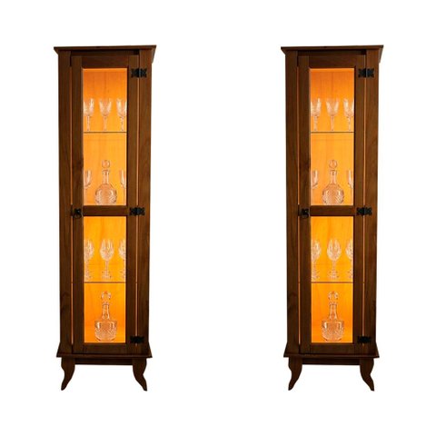 Conjunto 2 Cristaleira Alta Torre Moderno Sala/Quarto Organizador Madeira Maciça 1 Porta LED Castanh