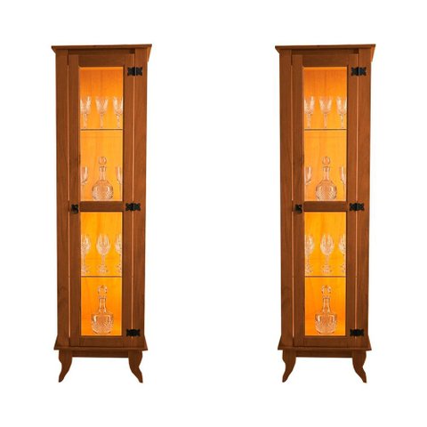 Conjunto 2 Cristaleira Alta Torre Moderno Sala/Quarto Organizador Madeira Maciça 1 Porta LED Castanh
