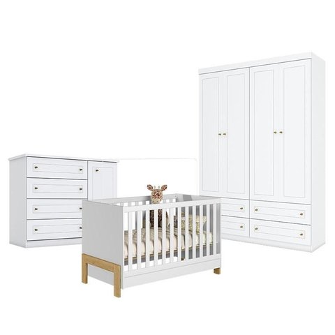 Quarto de Bebê Americano 4 Portas com Berço Americano Mini Cama Fantasia Branco Acetinado – Qmovi - 