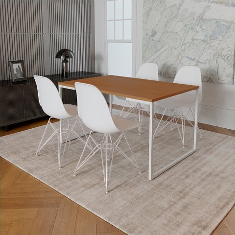 Mesa Industrial Base Ferro Branco 137x75 Tampo Canela 4 Cadeiras Eiffel Ferro Branco Assento Branco