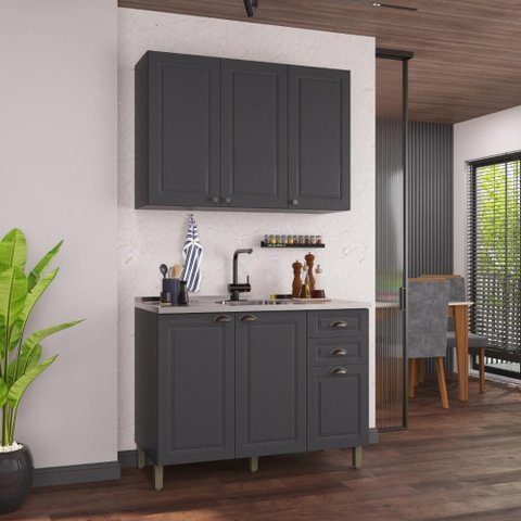 Armário de Cozinha Modulada Compacta Nara 6 Portas 2 Gavetas MDF 120cm Chumbo Fidelita Móveis