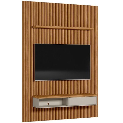 Painel Ripado para Tv 75 Pol Slats e Bancada Lisa 180x250cm L05 Nature Off White - Lyam Decor