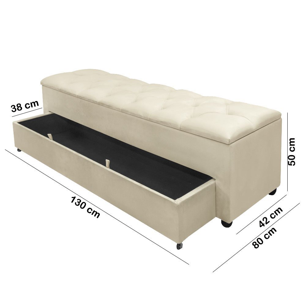 Recamier Baú Sapateiro Com Gaveta Casal Paris 130 Cm Moveis House Magia Bege - 7