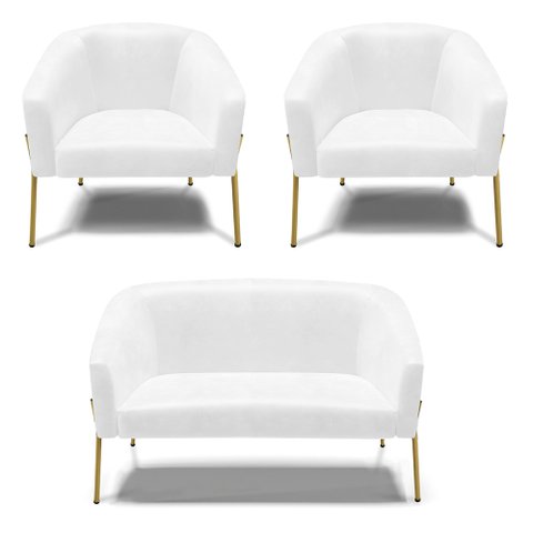 Sofá Namoradeira e 2 Poltronas Pé de Ferro Dourado Stella Corano Branco D03 - D'Rossi