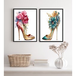 Kit 2 Quadros Sapatos de Salto com Flores 33x24cm - com Vidro:madeira Preta - 1