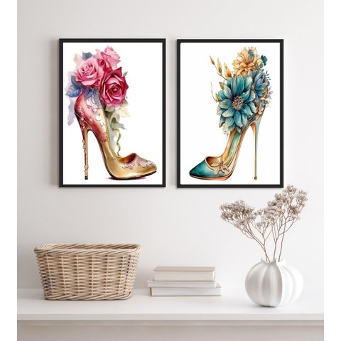 Kit 2 Quadros Sapatos de Salto com Flores 33x24cm - com Vidro:madeira Preta