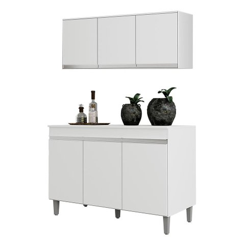 Kit Cozinha Balcão Manu 120cm com Tampo Mdp e Aéreo Andréia Branco - Ajl Móveis