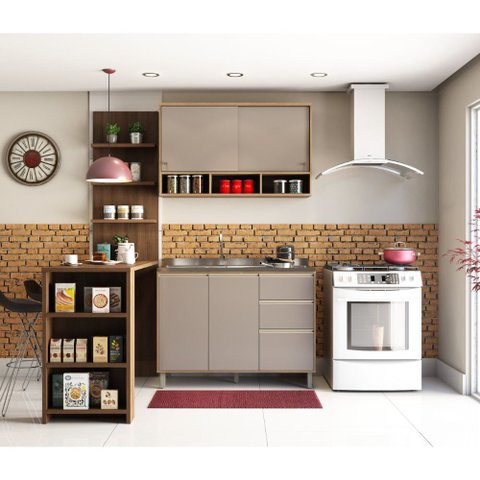 Cozinha Completa 4 Peças com Bancada Mesa Gourmet Armário Aéreo e Balcão de Pia Mel Luciane Móveis