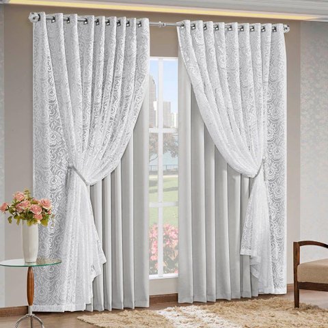 Cortina Monalisa 3,00m X 2,70m Varão Simples Tecido Blackout com Renda Floral - Gelo