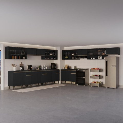 Armário de Cozinha Completa Atlanta Link com Vidro Carraro Preto Touch