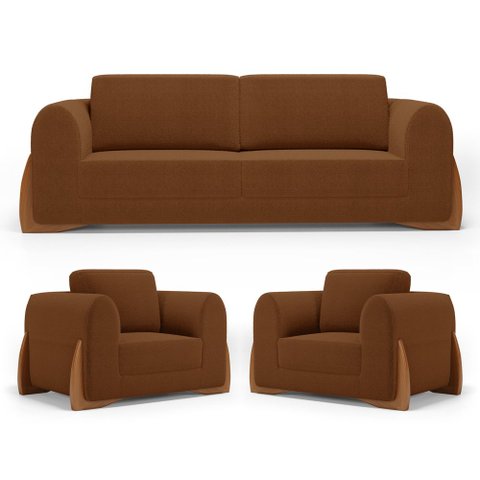 Kit 02 Poltronas e 01 Sofá Bloom 180cm 02 Lugares com Pés de Madeira Bouclê Terracota - Desk Design