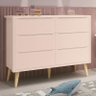 Cômoda Infantil Theo 6 Gavetas Rosa Fosco com Pés Madeira Natural - Reller Móveis - 2