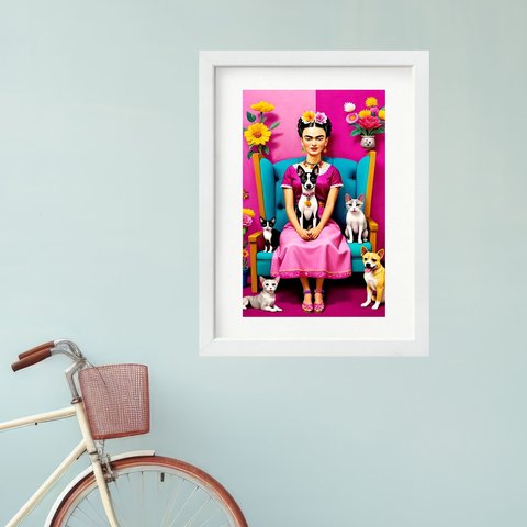 Quadro Frida com Gatos e Cachorros - 60x48cm:moldura Branca