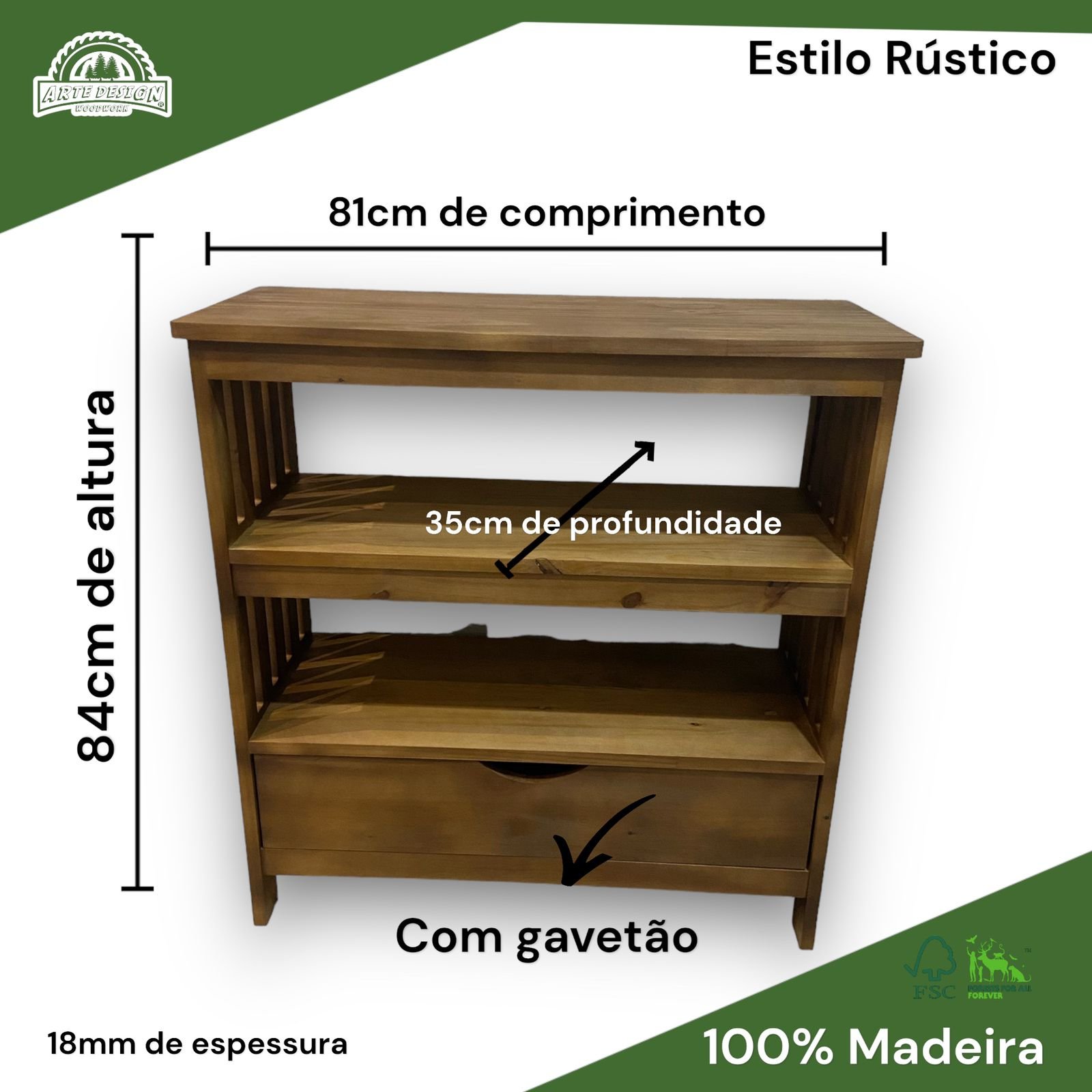 Aparador Buffet Mesinha Multiuso Cômoda Auxiliar Madeira Maciça Arte Design Wood - 2