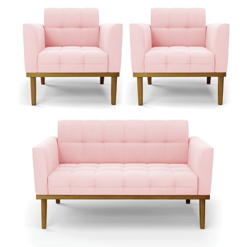 Conjunto 2 Poltronas e 1 Namoradeira Decorativa Karen Pés Fixo em Madeira Castanho Suede Rosa Bebê G