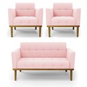 Ver imagem 1 de Conjunto 2 Poltronas e 1 Namoradeira Decorativa Karen Pés Fixo em Madeira Castanho Suede Rosa Bebê G