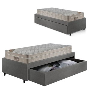 Base Box Cama Solteiro Sapateira Courino Linho Cinza e Colchão Airtech Ortobom 88x188