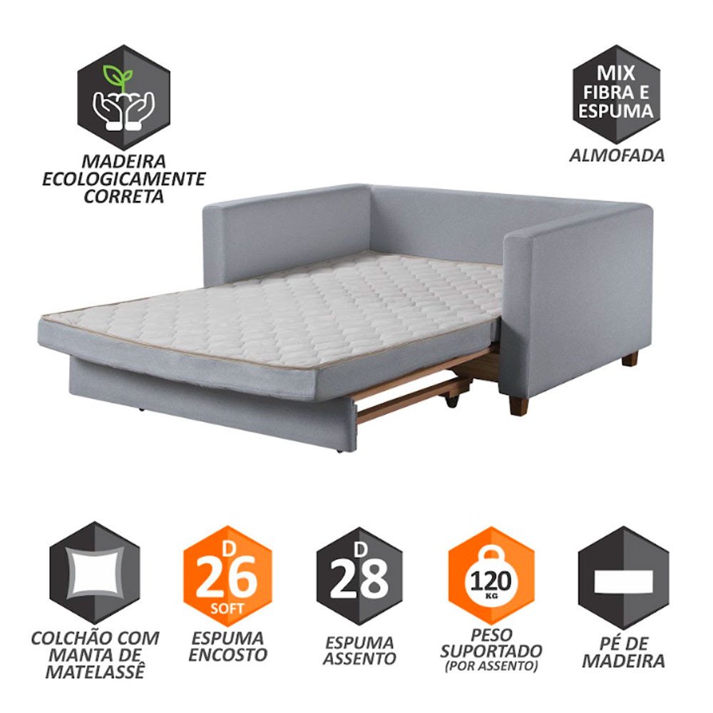 Sofá Cama Casal Marcelle 2 Lugares 150cm Linho Pé de Madeira - Talento Móveis - 5