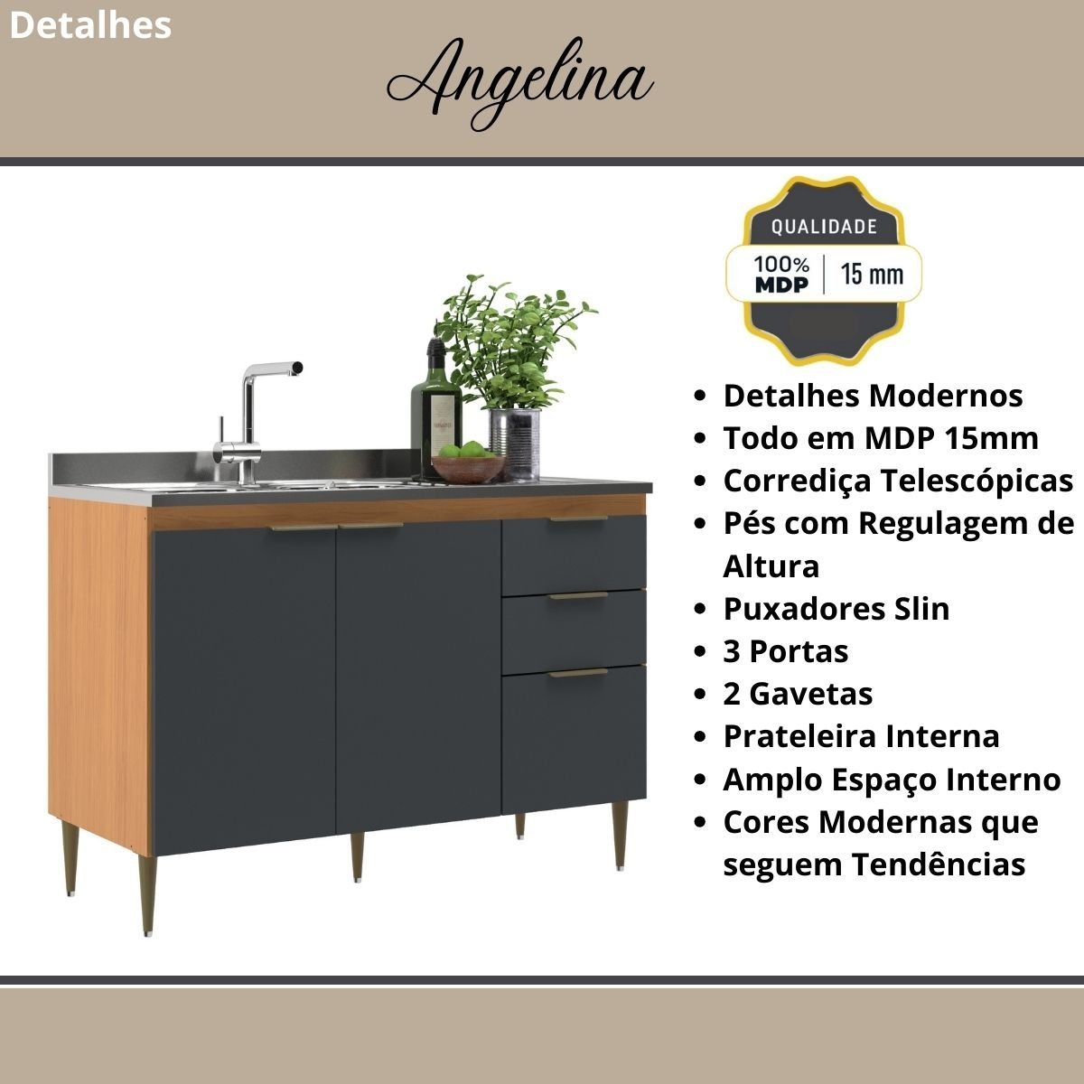 Balcão de Pia Cozinha 1.20m Angelina 3 Portas 2 Gavetas- Angelin Grafite - 4