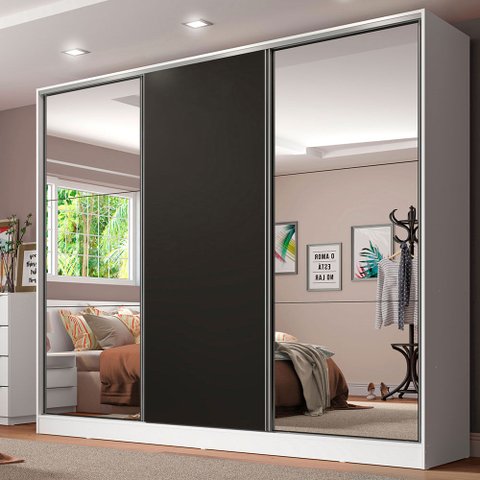 Guarda-Roupa Casal 100% MDF Madesa Royale 3 Portas de Correr com Espelhos Branco/Preto Cor:Branco/Pr